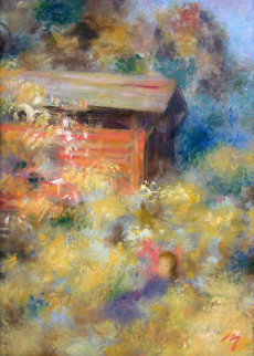 Untitled, Girl in Field with Barn 12x9 Original Painting - Harry Myers