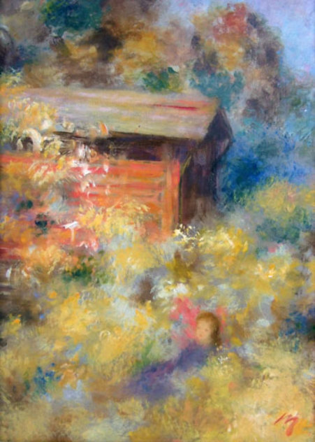 Untitled, Girl in Field with Barn 12x9 Original Painting by Harry Myers