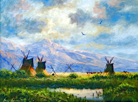 Untitled Landscape with Teepees and Mountain Backdrop 17x20 Original Painting - Heinie Hartwig