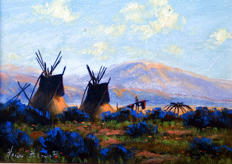Untitled Landscape with Teepees and Mountain Backdrop 11x13 Original Painting - Heinie Hartwig