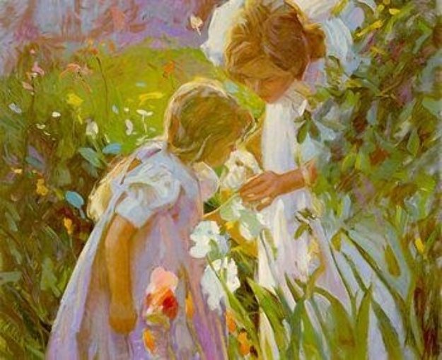 mother and daughter collecting flowers, gardens, don