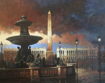 Rainy Evening Place De La Concorde 1997 39x49 Original Painting - Max Hayslette Rainy Evening Place De La Concorde 1997 39x49 Original Painting - Max Hayslette