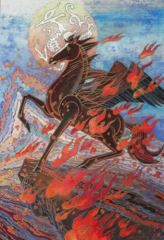 Flaming Warrior 2005 28x23 Original Painting - He Neng