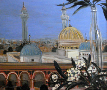 Mausoleum and White Oleander 2001 24x28 Original Painting - Michel Henry