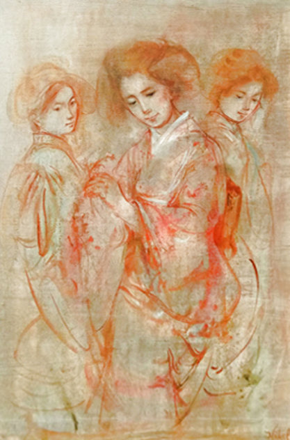 Three Japanese Ladies 1970 26x19 Original Painting by Edna Hibel