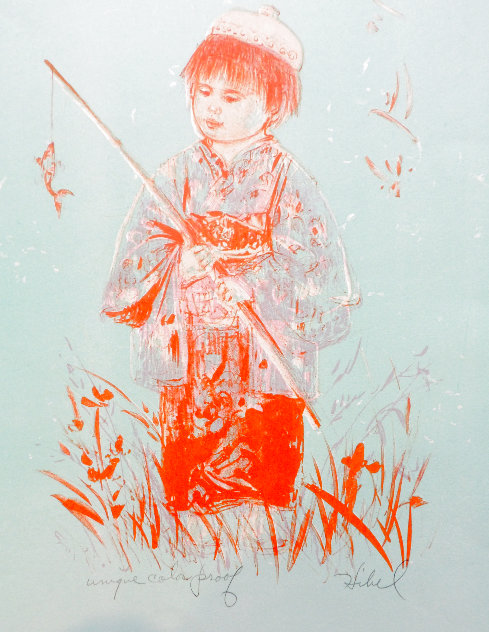 Japanese Boy Fishing Unique 1975 Limited Edition Print by Edna Hibel
