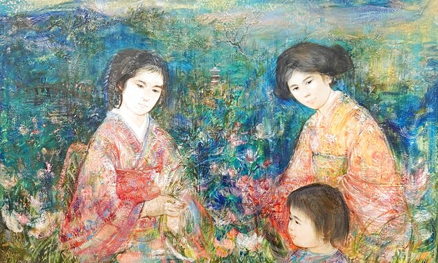Mother And Daughters 33x56 - Huge Oil on Masonite Original Painting by Edna Hibel Mother And Daughters 33x56 - Huge Oil on Masonite Original Painting by Edna Hibel