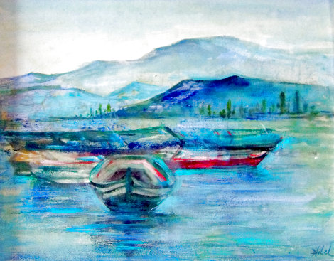 Dories at Pier Alaska 1992 Original Painting - Edna Hibel