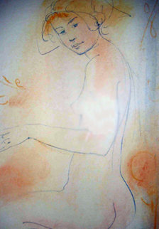 Sitting Peach and Blue Nude Watercolor 14x10 Original Painting - Edna Hibel Sitting Peach and Blue Nude Watercolor 14x10 Original Painting - Edna Hibel
