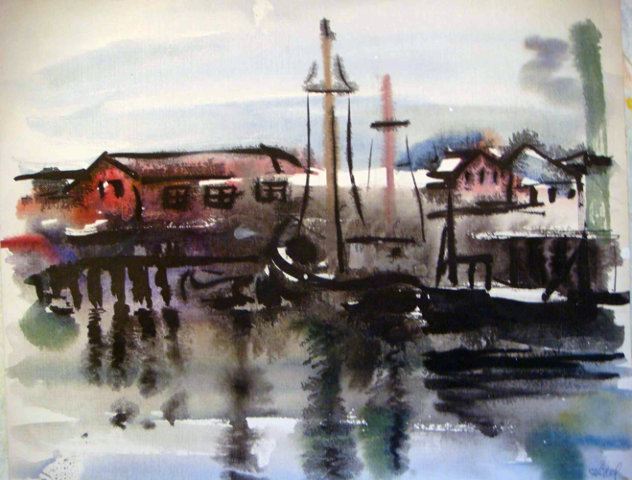 Gloucester Boats Watercolor 14x9 - Maine Watercolor by Edna Hibel