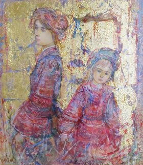 Two Young Girls Dutch Attire 1980 25x23 Original Painting - Edna Hibel