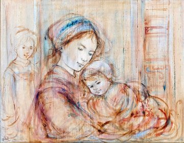 Mother And Children 37x45 Huge Original Painting - Edna Hibel