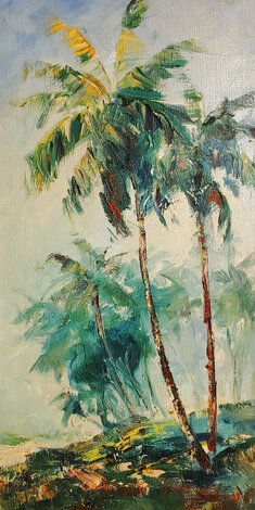 Palm 1969 32x20 - Oil on Canvas - Hawaii - Signed Twice Original Painting - Hajime Okuda