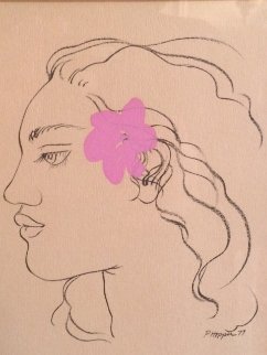 Pink Hibiscus Drawing 1977 10x12 (Early) Original Painting - Pegge Hopper Pink Hibiscus Drawing 1977 10x12 (Early) Original Painting - Pegge Hopper
