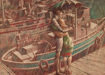 Rainy Day on the Dock 1984 38x49 Huge Original Painting - Raymond Howell