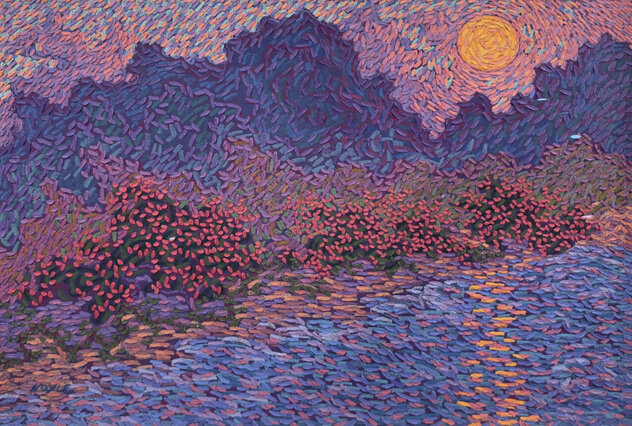 Harvest Moon and Pink Shower Trees 38x48  - Mixed Media on Canvas - Huge by James Hoyle
