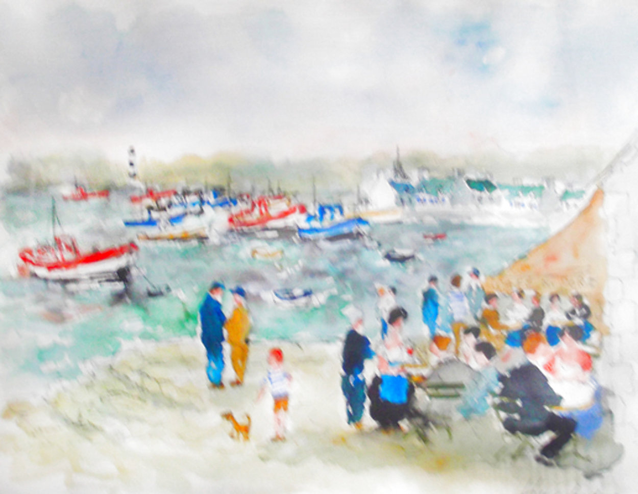 Cafe Du Port Watercolor 1980 34x41 Huge Watercolor by Urbain Huchet