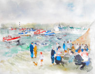 Cafe Du Port Watercolor 1980 34x41 Huge Watercolor by Urbain Huchet - 0
