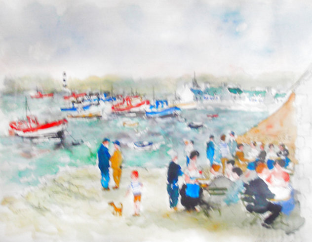 Cafe Du Port Watercolor 1980 34x41 Watercolor by Urbain Huchet