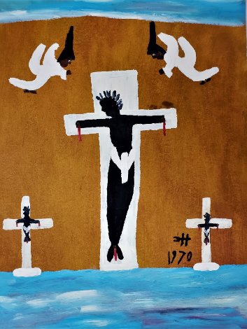 Black Christ Crucified Between Two Thieves With God's Angels 1970 30x22 Original Painting - Clementine Hunter