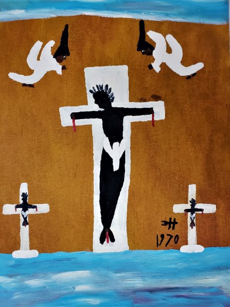 Black Christ Crucified Between Two Thieves With God's Angels 1970 30x22 Original Painting by Clementine Hunter