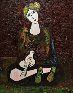 Lady With Dove Mixed Media 3-D 2014 62x50 Super Huge Original Painting - Costel Iarca Lady With Dove Mixed Media 3-D 2014 62x50 Super Huge Original Painting - Costel Iarca