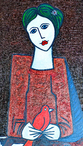 Girl with Red Bird 2023 37x25 - Signed Twice Original Painting - Costel Iarca