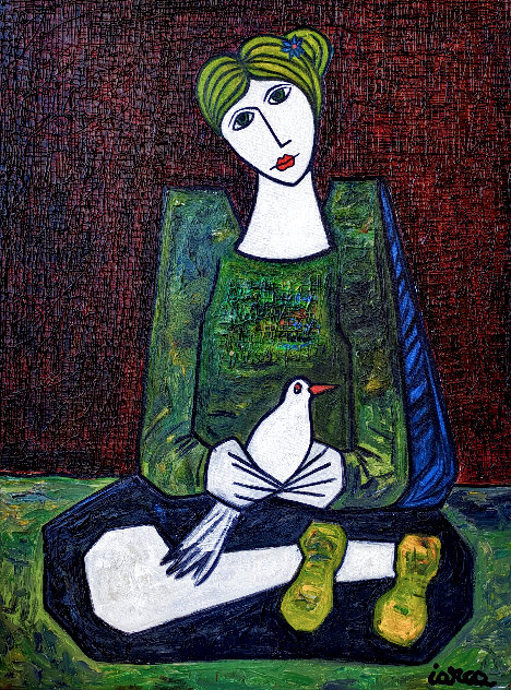 Woman with White Dove 2023 49x37 - Huge Painting -  Signed Twice Original Painting by Costel Iarca