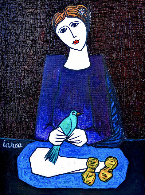 Woman with Green Bird 2022 49x47 - Huge - Signed Twice Original Painting by Costel Iarca