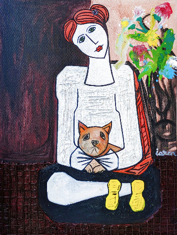 Woman with Cat 2023 49x37 - Huge Original Painting - Costel Iarca