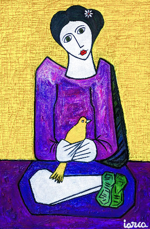 Woman with Yellow Bird 2023 - Signed Twice Original Painting - Costel Iarca