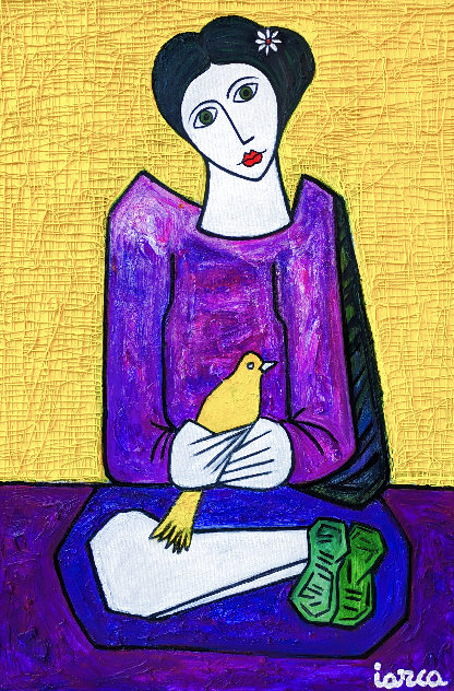 Woman with Yellow Bird 2023 - Signed Twice Original Painting by Costel Iarca