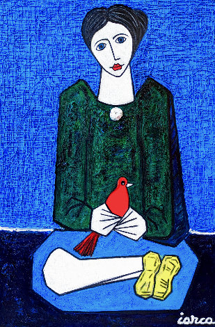 Young Girl with Red Bird 2023 36x24 Original Painting - Costel Iarca