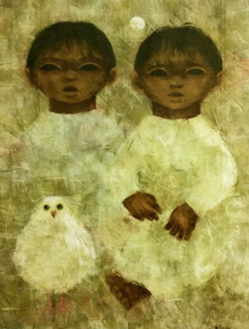 2 Children With Bird 32x27 Original Painting - Carol Jablonsky
