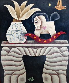 Rocking Horse Table 1985 33x39 Original Painting - Carol Jablonsky Rocking Horse Table 1985 33x39 Original Painting - Carol Jablonsky