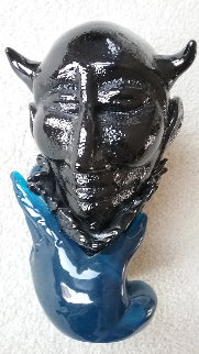 Untitled Sculpture of Blue Hand Holding Black Unique Head 1990 14 in Sculpture - Martin Janecky