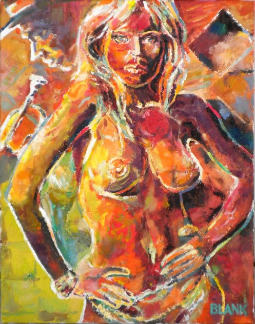 Nude With Trumpet 2014 28x22 Original Painting by Jerry Blank