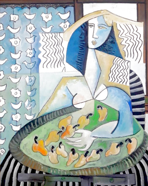 Woman with Basket of Cashews 1984 44x37 - Huge Original Painting by Jesus Fuertes