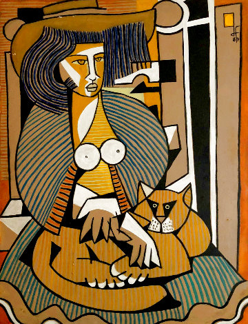Woman with a Cat 1984 39x28 Original Painting - Jesus Fuertes
