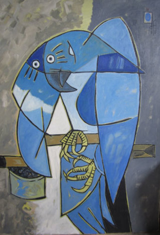 Blue Tropical Bird Painting - 1983 38x27 Original Painting - Jesus Fuertes