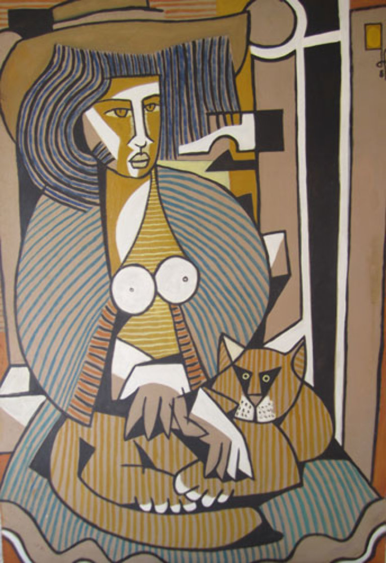 Woman with a Cat 1984 39x27 Original Painting by Jesus Fuertes