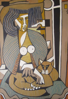 Woman with a Cat 1984 39x27 Original Painting - Jesus Fuertes Woman with a Cat 1984 39x27 Original Painting - Jesus Fuertes