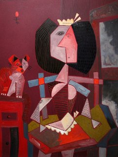 Criada Y Gato 1992 43x33 Original Painting - Jesus Fuertes Criada Y Gato 1992 43x33 Original Painting - Jesus Fuertes