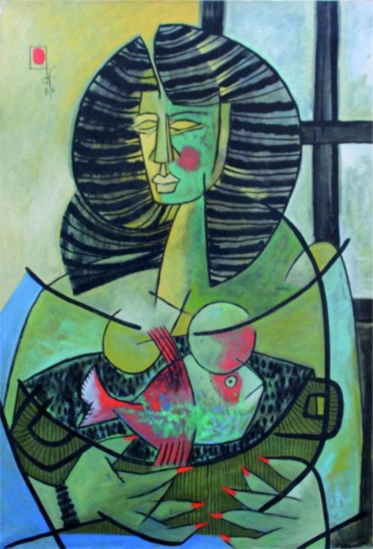 Mujer Con Peces Rojos 1984 39x27 Original Painting by Jesus Fuertes Mujer Con Peces Rojos 1984 39x27 Original Painting by Jesus Fuertes