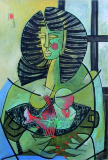Mujer Con Peces Rojos 1984 39x27 Original Painting - Jesus Fuertes Mujer Con Peces Rojos 1984 39x27 Original Painting - Jesus Fuertes