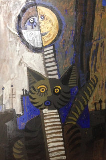 Gato Con Luna 47x34 Original Painting - Jesus Fuertes Gato Con Luna 47x34 Original Painting - Jesus Fuertes