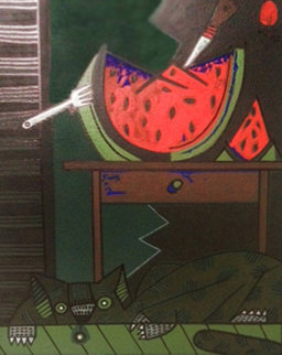 Cat With Watermelon 1992 27x30 Original Painting - Jesus Fuertes Cat With Watermelon 1992 27x30 Original Painting - Jesus Fuertes