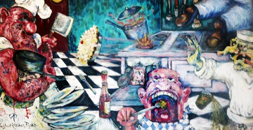 Great Kitchen Fight Triptych 1983 120x60 Mural Original Painting - Jett Jackson Great Kitchen Fight Triptych 1983 120x60 Mural Original Painting - Jett Jackson