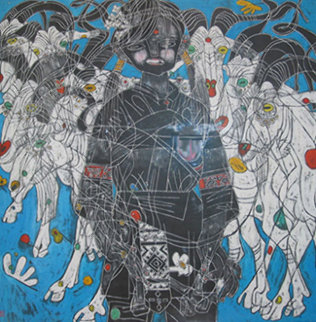 Girl with Mountain Goats 1985 40x40 Super Huge Original Painting - Tie-Feng Jiang Girl with Mountain Goats 1985 40x40 Super Huge Original Painting - Tie-Feng Jiang