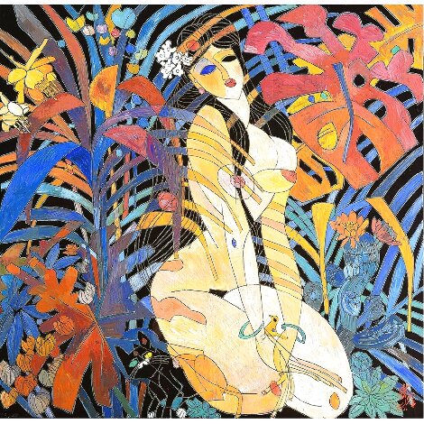 Nude in the Flowers 1988 52x52 - Huge Original Painting - Tie-Feng Jiang